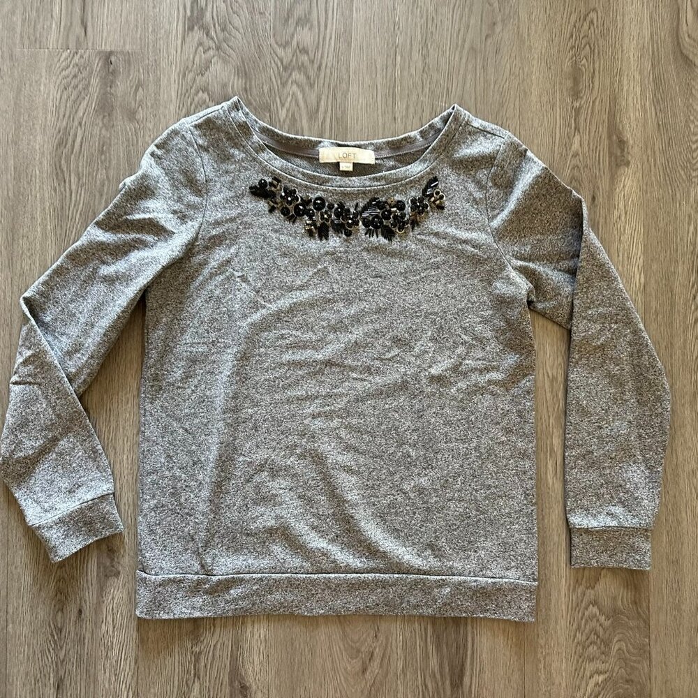 Loft Silver Grey Long Sleeve Blouse with Beaded Design - Size Small
